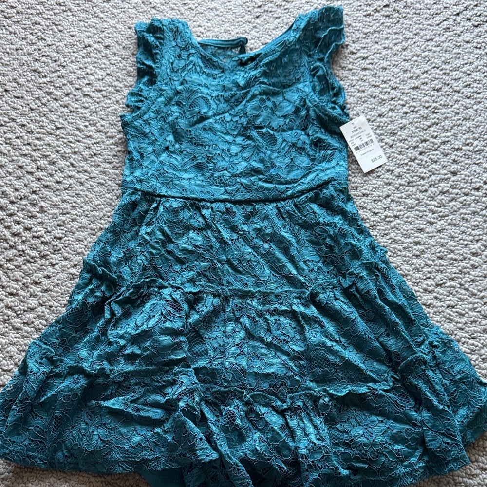 Girls Teal Lace Tiered Party Dress with Cap Sleeves